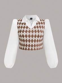 SHEIN MOD 大碼菱形印花假兩件襯衫 - 彩色 - 查看 1