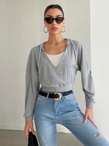 SHEIN Cottnline Women's Wrap Hooded Sweatshirt - Grey - View 5