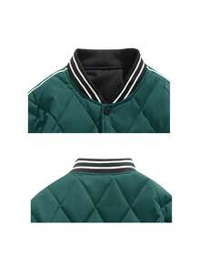 Men Letter Patched Striped Trim Quilted Coat - Army Green - View 3