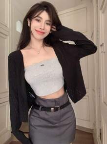 DAZY Solid Open Front Crop Jacket,Fall Clothes - Black - View 5