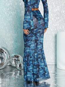 SHEIN BAE Allover Print Mermaid Hem Mesh Skirt - Multicolor - View 2