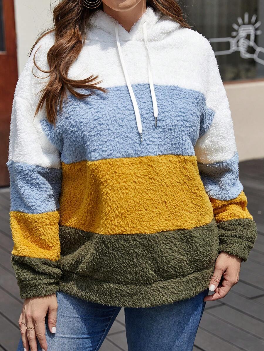 SHEIN LUNE Áo nỉ kiểu Teddy phối màu cỡ lớn, vai rớt, dây rút. - Nhiều màu - Xem 1
