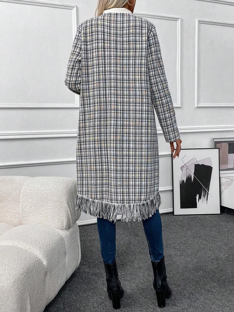 Plaid Print Fringe Hem Open Front Overcoat Fall Cloth For Women
