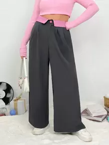 SHEIN EZwear 大碼拼接腰部折疊闊腿西裝褲 - 彩色 - 查看 1
