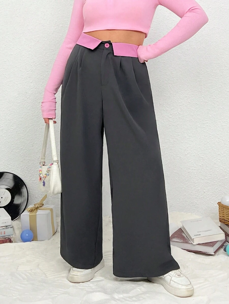 SHEIN EZwear 大碼拼接腰部折疊闊腿西裝褲 - 彩色 - 查看 1