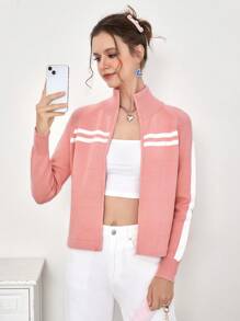 SHEIN EZwear 條紋圖案插肩袖拉鏈開襟開襟衫 - 粉色 - 查看 3