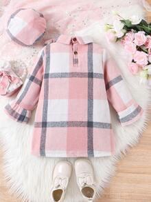 SHEIN 女小童格紋印花前蝴蝶結荷葉袖洋裝附帽子