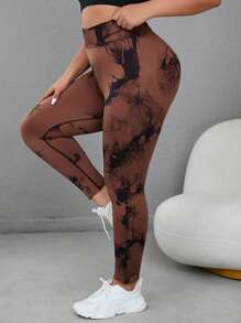 Easithlete Plus Tie Dye Tummy Control Sports Leggings - Redwood - View 2