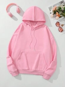 SHEIN EZwear Hoạt hình Bướm & Chữ cái Dây rút Lót nhiệt Hoodie - Hồng - Xem 2
