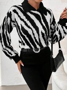 EURMUSE Zebra Striped Pattern Drop Shoulder Sweater - Black and White - View 1