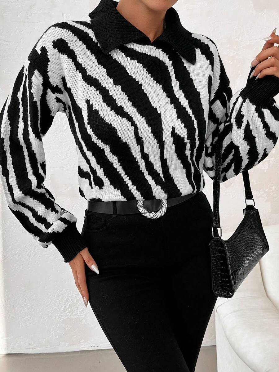 EURMUSE Zebra Striped Pattern Drop Shoulder Sweater - Black and White - View 1