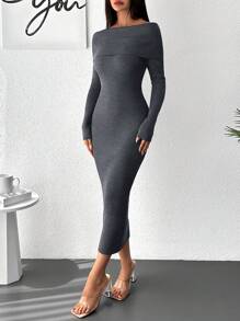 SHEIN Foldover Off Shoulder Bodycon Sweater Dress - Grey - View 4
