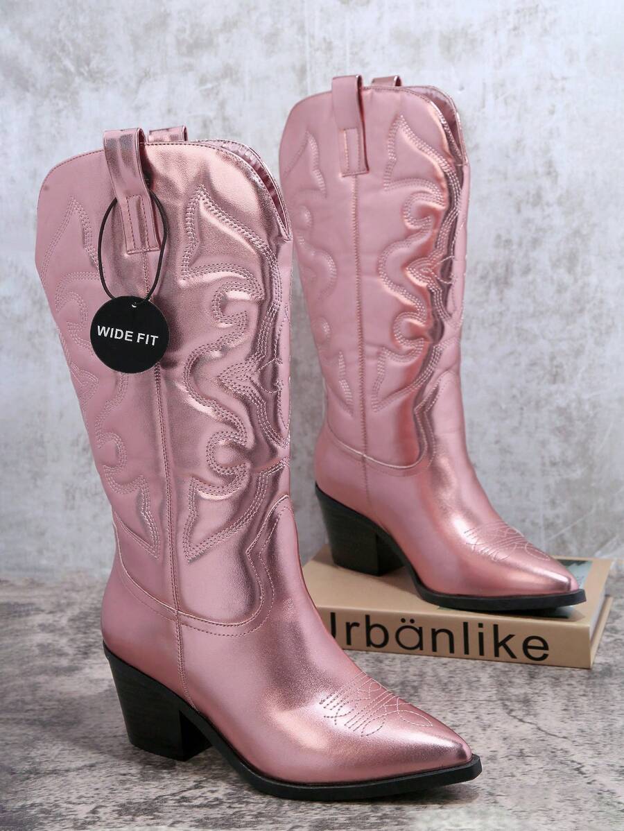 金屬質感刺繡細節粗跟靴子 - 粉色 - 查看 1