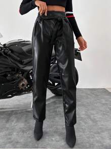 EURMUSE Belted PU Leather Pants - Black - View 3