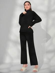 Mulvari Mock Neck Sweater & Drawstring Waist Knit Pants - Black - View 3