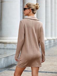 SHEIN Essnce Women's Letter Pattern Zipper Turn-down Collar Dress - Khaki - View 2