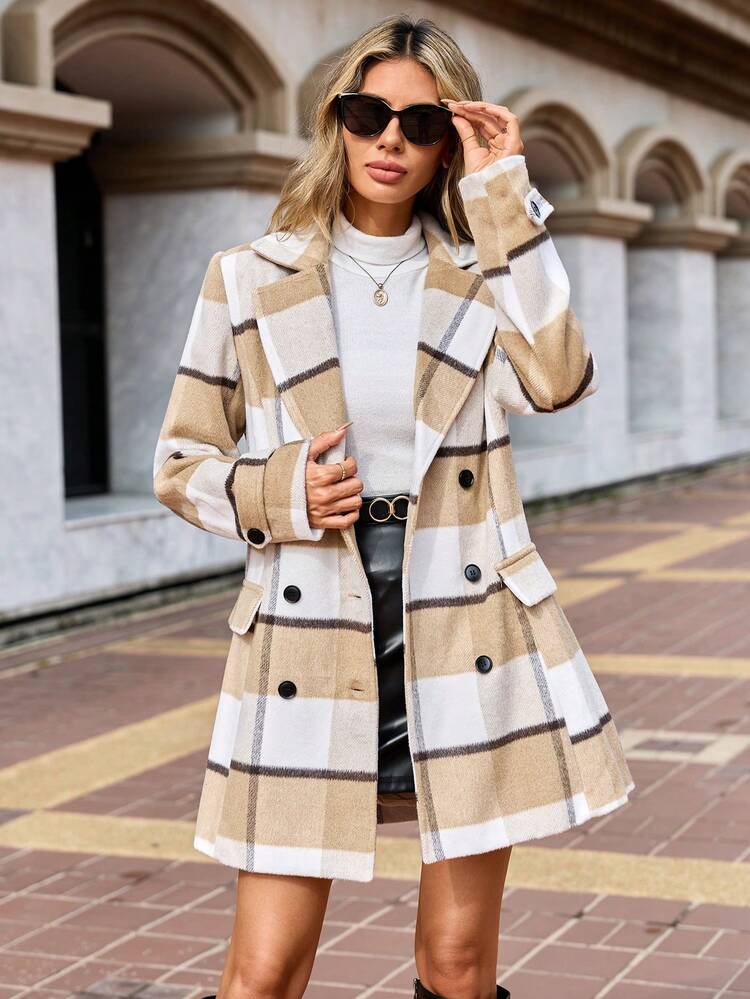 Plaid Print Lapel Neck Double Breasted Overcoat