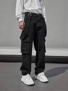 Manfinity 男士頂針側翻蓋口袋牛仔連身褲不帶T恤 - 黑色 - 查看 4