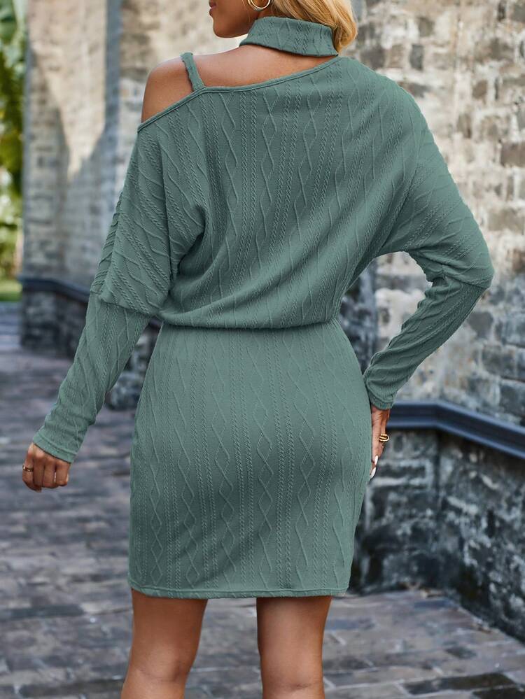 Chain Detail Asymmetrical Neck Batwing Sleeve Dress