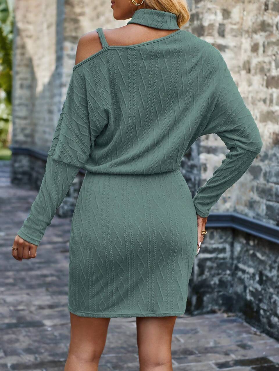 Chain Detail Asymmetrical Neck Batwing Sleeve Dress