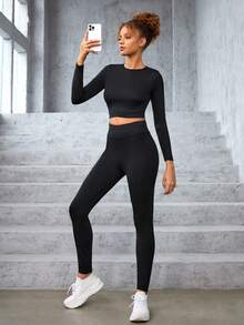 SHEIN 青少年女孩素色短款T恤&緊身打底褲 - 黑色 - 查看 3