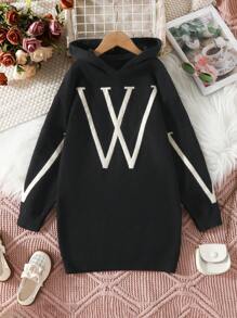 SHEIN Tween Girl Letter Pattern Hooded Sweater Dress - Black - View 1