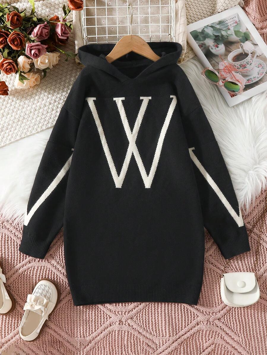 SHEIN Tween Girl Letter Pattern Hooded Sweater Dress - Black - View 1