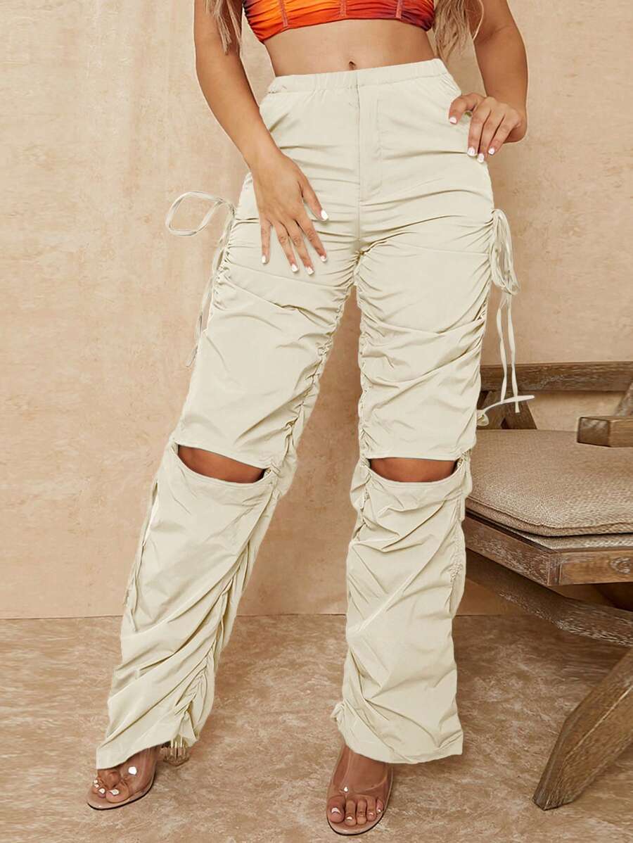 RueChic SHEIN Cut Out Drawstring Side Pants - White - View 1