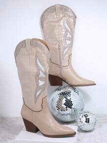 SHUZIA Faux Leather Pointed Toe Block Heel Boots