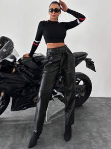 EURMUSE Belted PU Leather Pants - Black - View 1