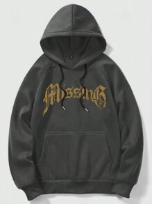 ROMWE MEN Goth Men Skeleton & Slogan Graphic Raglan Sleeve Drawstring Thermal Hoodie - Dark Grey - View 2