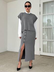 Dazy Star 纯色毛衣背心和纽扣前针织裙（不含衬衫）秋季 - 灰色 - 查看 1