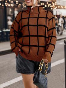 SHEIN LUNE Plus Plaid Pattern Turtleneck Drop Shoulder Sweater Knit Pullover Fall Winter Autumn Sweater - Coffee Brown - View 5