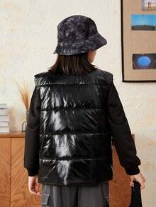 SHEIN Tween Boy 字母图案翻盖口袋背心夹棉外套 - 黑色 - 查看 4