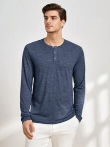 GENTILAND Nam Chất rắn Nút Nửa Mặt trước Áo thun - Màu xanh lam - Xem 5