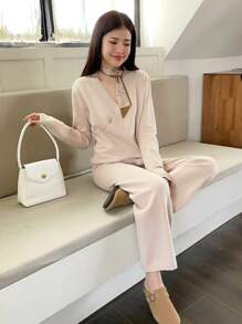 SHEIN Unity Chất rắn Bọc Áo len & Quần dệt kim - Màu be - Xem 3