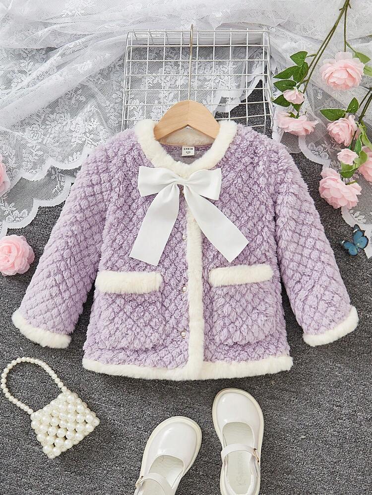 Young Girl Contrast Binding Bow Front Dual Pocket Jacket