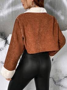 SHEIN EZwear 毛絨內襯拉鏈開襟短款燈芯絨夾克 - 棕色 - 查看 2