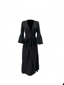 Plunging Neck Self Belted Wrap Hem Dress - Black - View 3