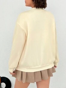 SHEIN EZwear 大碼卡通刺繡落肩袖運動衫 - 白色 - 查看 2