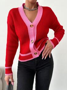 EURMUSE Viền tương phản Thả vai Áo len Mở - Đỏ - Xem 1