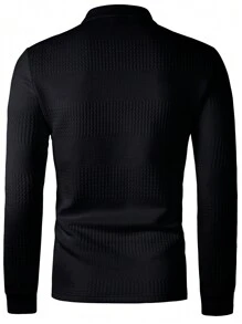 Manfinity Mode Men Solid Textured Polo Shirt, Fall, Long Sleeve Top - Black - View 2