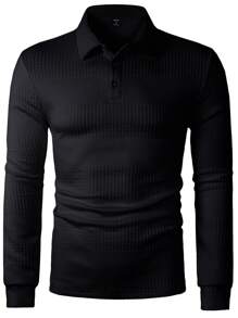 Manfinity Mode Men Solid Textured Polo Shirt, Fall, Long Sleeve Top - Black - View 6