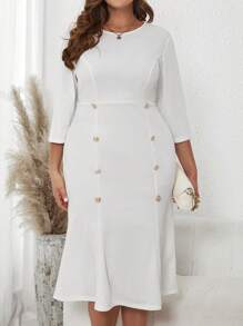 SHEIN Clasi Plus Button Detail Dress - White - View 3