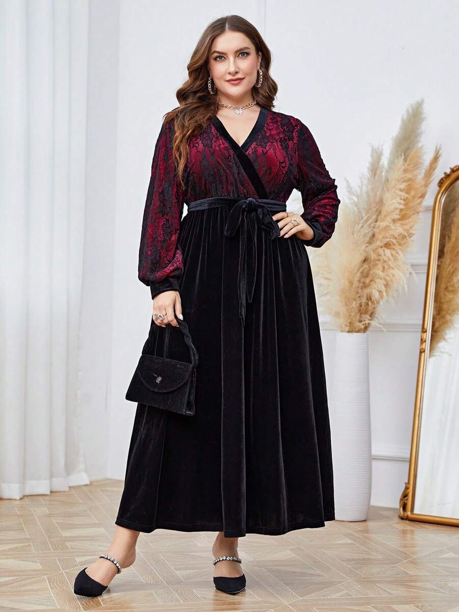 Modelyn Vestido de terciopelo rojo burdeos con mangas farol, encaje y cinturón - Burdeos - Ver 1