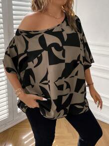 SHEIN Clasi Plus Size  Women's Summer Vacation Printed Simple Daily Shirt/Blouse With Face Print - Brown - View 6