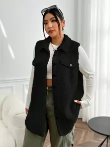 SHEIN EZwear Áo khoác vest Teddy có chi tiết vạt kép, cho mùa đông - màu đen - Xem 5