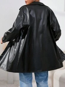 SHEIN EZwear Plus Flap Pocket Drop Shoulder PU Leather Coat - Black - View 2