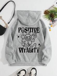 SHEIN EZwear Cartoon & Letter Graphic Drawstring Thermal Lined Hoodie - Grey - View 1