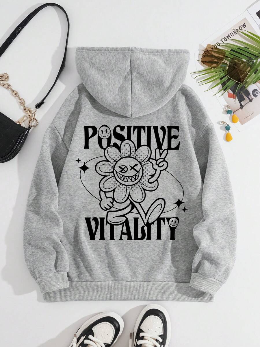 SHEIN EZwear Cartoon & Letter Graphic Drawstring Thermal Lined Hoodie - Grey - View 1